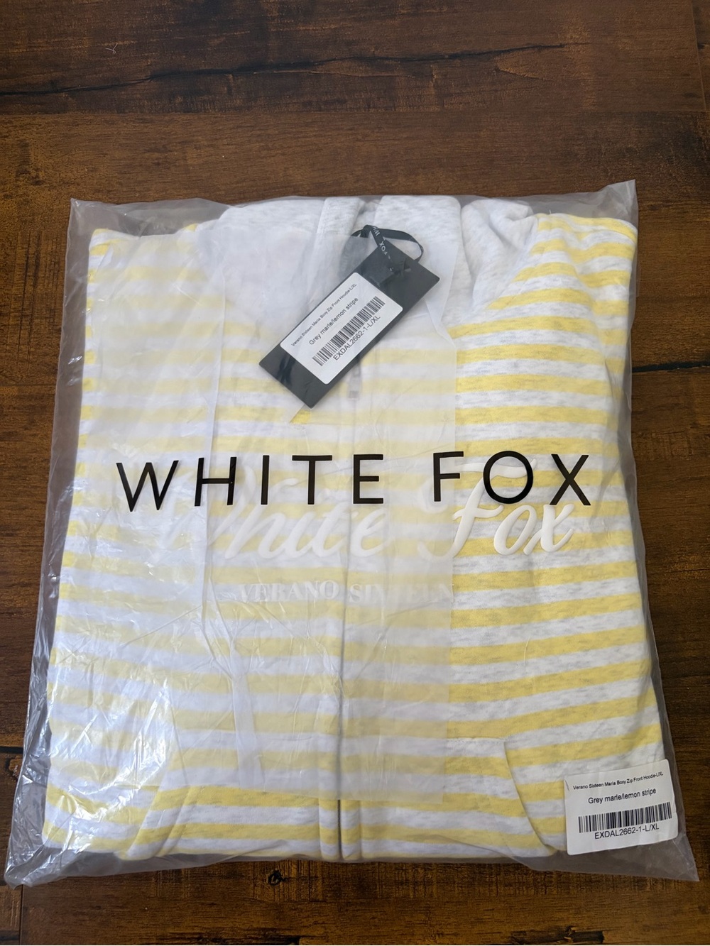NWT White Fox Verano Sixteen Maria Boxy Zip Front Hoodie Grey Marle/Lemon Stripe - Picture 4 of 8